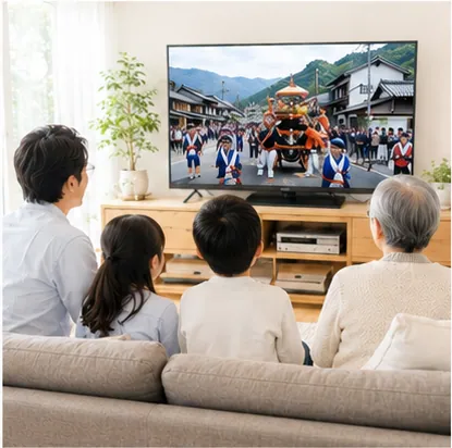 家族で地域のお祭り番組を楽しむ様子