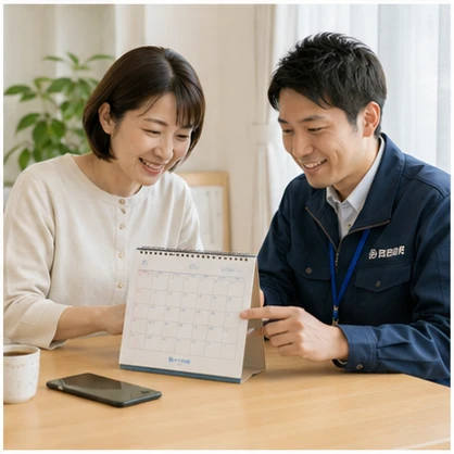 スタッフがカレンダーで工事日を案内する様子