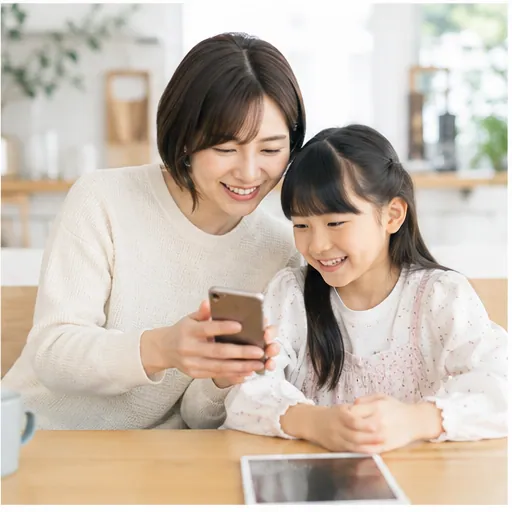 スマートフォンを使う母娘